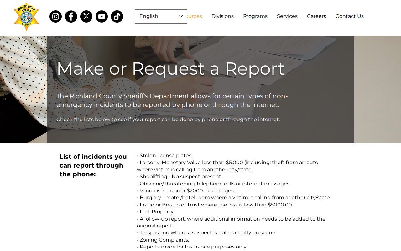 RCSD report request route for Richland County arrest records