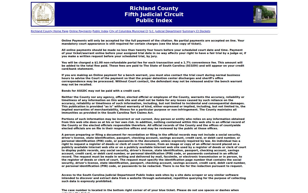 Richland County criminal court case Public Index search interface