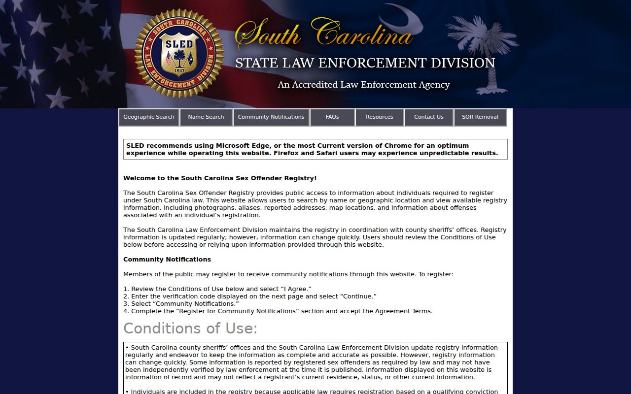 SLED entry screen for a Richland County sex offender search
