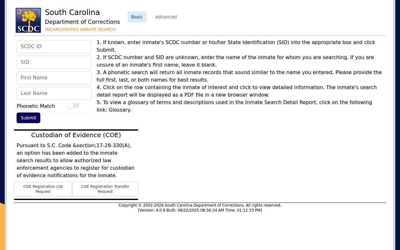 Richland County criminal custody research using the SCDC inmate search