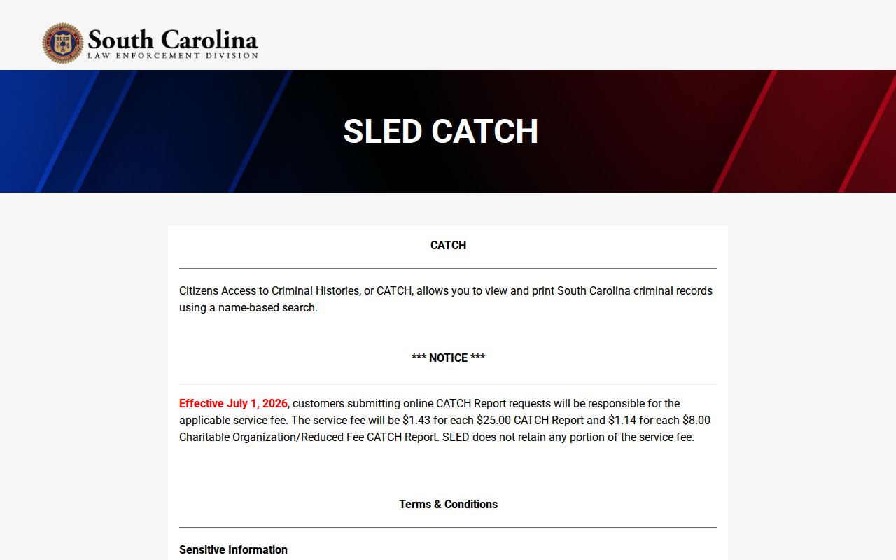 Richland County criminal history access through the SLED CATCH search